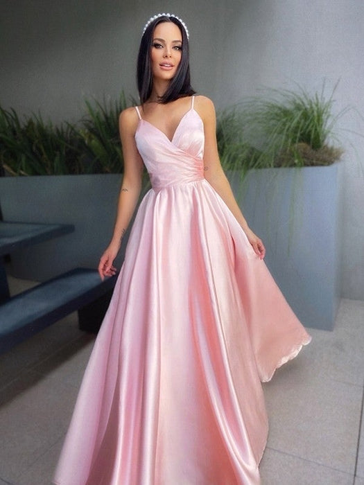 A-Line/Princess V-neck Satin Ruched Sleeveless Floor-Length Dresses - Prom Dresses