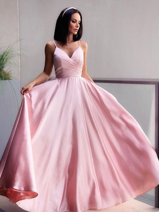 A-Line/Princess V-neck Satin Ruched Sleeveless Floor-Length Dresses - Prom Dresses