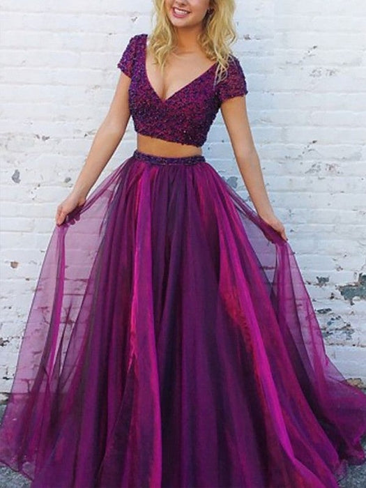 A-Line/Princess V-Neck Short Sleeves Floor-Length Beading Tulle Two Piece Dresses - Prom Dresses