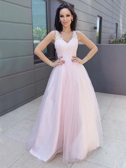 A-Line/Princess V-neck Sleeveless Applique Tulle Floor-Length Dresses - Prom Dresses