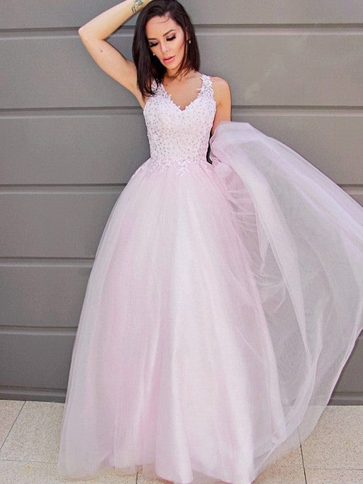 A-Line/Princess V-neck Sleeveless Applique Tulle Floor-Length Dresses - Prom Dresses