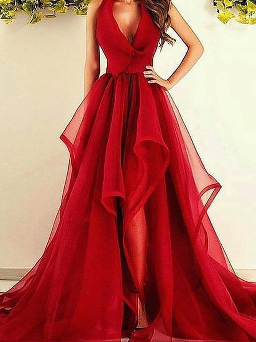 A-Line/Princess V-Neck Sleeveless Asymmetrical Ruffles Organza Dresses - Prom Dresses