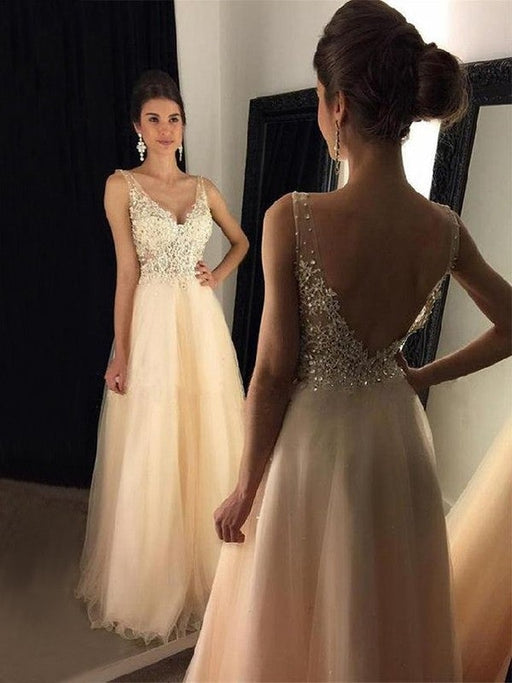 A-Line/Princess V-neck Sleeveless Floor-Length Applique Tulle Dresses - Prom Dresses