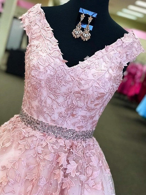 A-Line/Princess V-Neck Sleeveless Floor-Length Applique Tulle Dresses - Prom Dresses