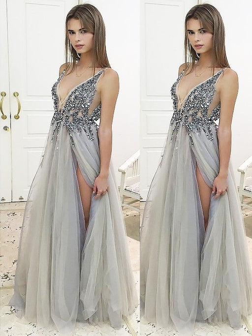 A-Line/Princess V-Neck Sleeveless Floor-Length Beading Tulle Dresses - Prom Dresses