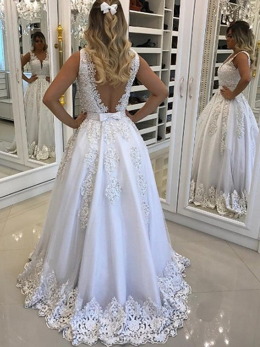 A-Line/Princess V-Neck Sleeveless Floor-Length Lace Tulle Dresses - Prom Dresses