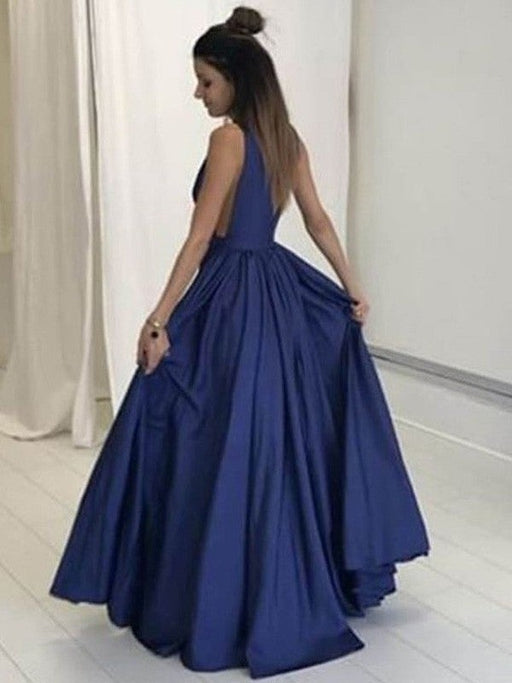 A-Line/Princess V-neck Sleeveless Floor-Length Taffeta Dresses - Prom Dresses