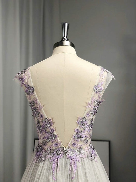 A-Line/Princess V-neck Tulle Applique Sleeveless Floor-Length Dresses - Prom Dresses