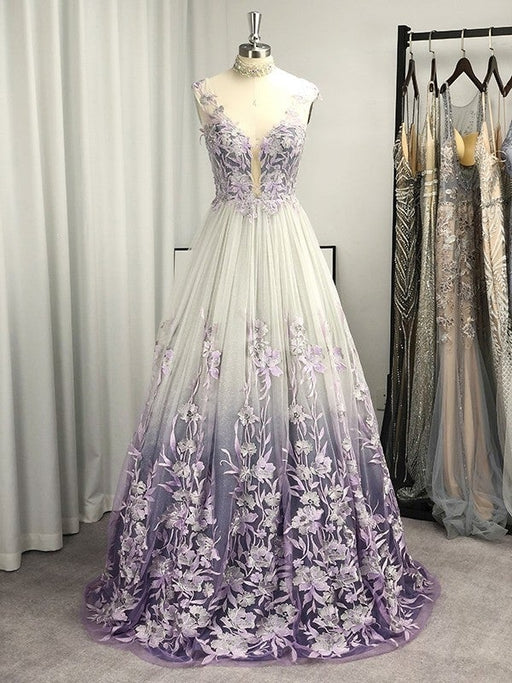A-Line/Princess V-neck Tulle Applique Sleeveless Floor-Length Dresses - Prom Dresses