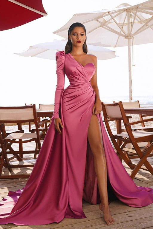 Elegant Burgundy One Shoulder Prom Dress with Sleeves and Side Split