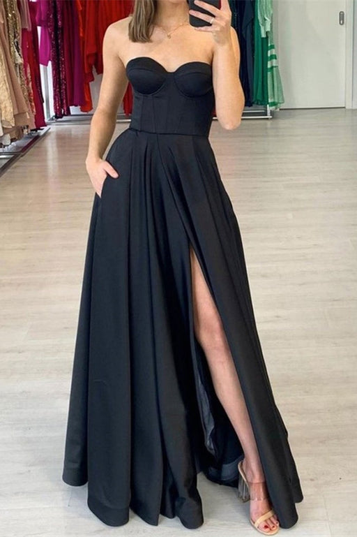 Elegant Black Prom Gown with Pockets and Split Detail