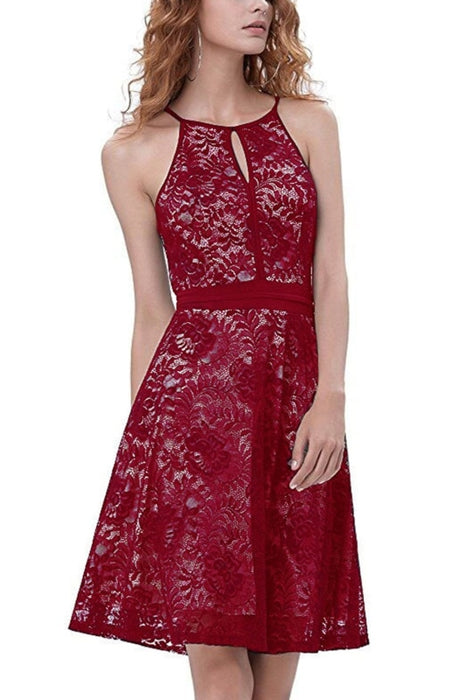 AA| Bridelily Womens Halter Floral Lace Cocktail Party Dress Homecoming Dress - S / Burgundy - lace dresses