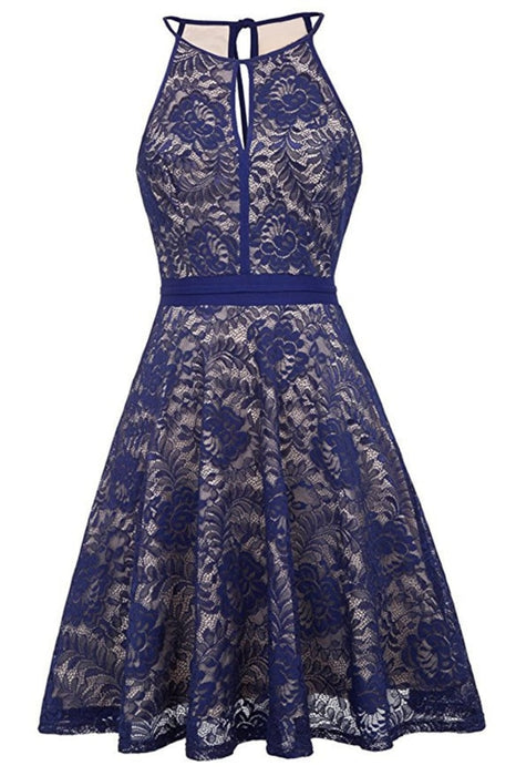 AA| Bridelily Womens Halter Floral Lace Cocktail Party Dress Homecoming Dress - S / Navy Blue - lace dresses