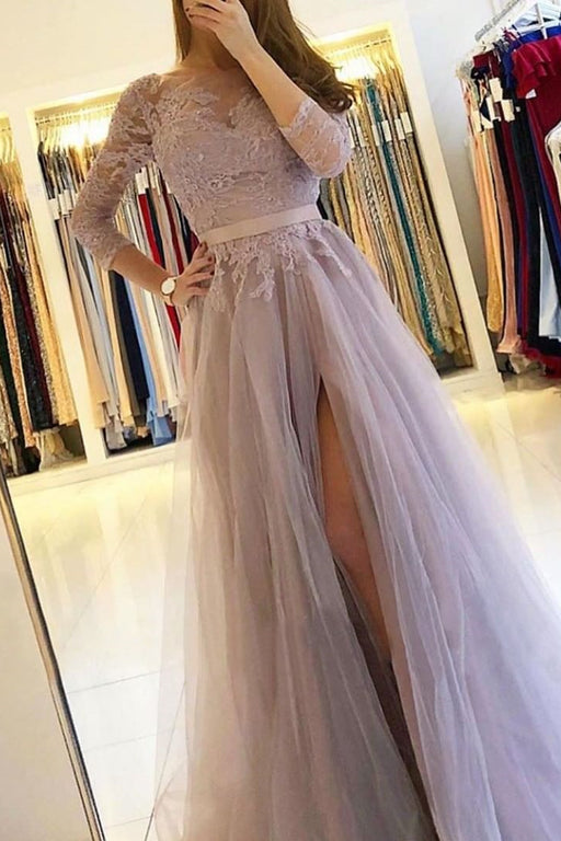 Long Sleeves A-Line Prom Dress with Lace Split