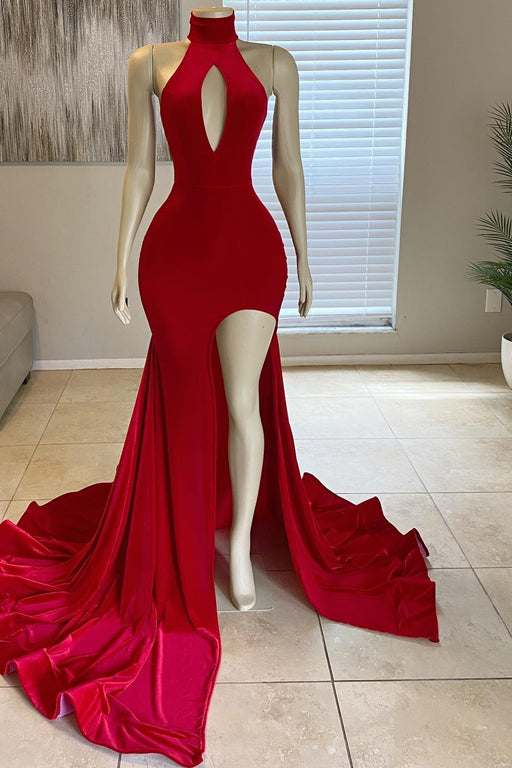 Ravishing Crimson Front Split Mermaid High-Neck Prom Gown for Purchase Online