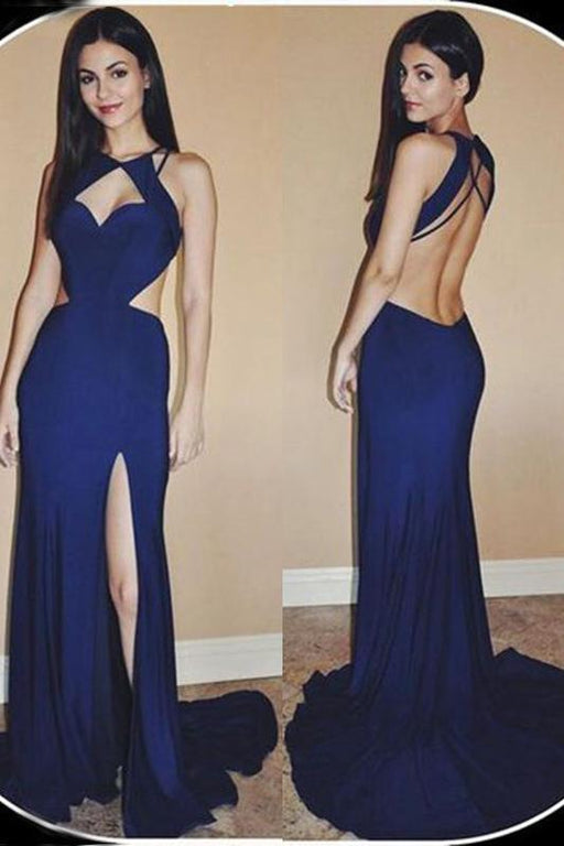 Affordable Awesome Best Cheap Mermaid Jewel Sweep Train Open Back Long Prom Dress with Side Slit - Prom Dresses