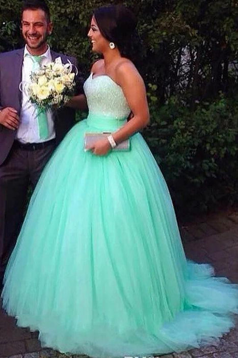 Affordable Glorious Sleek Ball Gown Sleeveless Sweetheart Tulle Brush Train Beading Plus Size Prom Dresses - Prom Dresses
