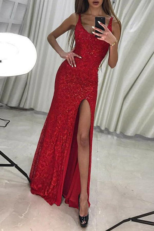 Affordable Marvelous Precious Floor Length Mermaid Scoop Red Prom with Slit Sexy Sequined Formal Dress - Prom Dresses
