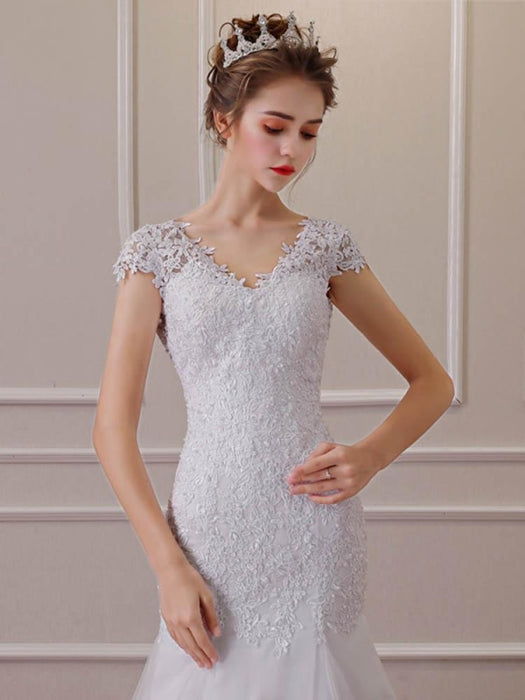 Affordable V-Neck Short Sleeves Lace Mermaid Wedding Dresses - Ivory / Floor Length - wedding dresses