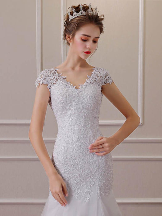 short mermaid wedding dresses Off White Chiffon Satin Short Sleeves Mermaid Wedding Dresses,CW0181 US0 / Custom Color(leaving a note)