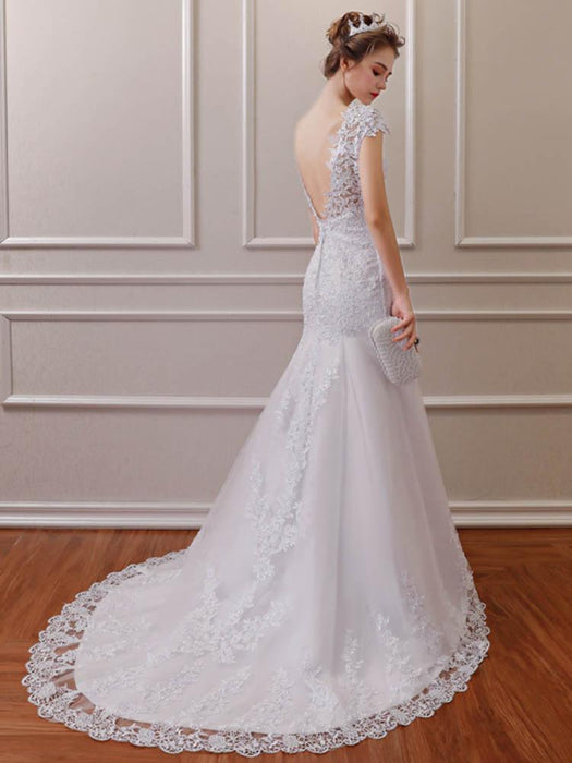 V-Neck Lace Mermaid Wedding Dress with Short Sleeves V-Neck Lace Mermaid Wedding Dress with Short Sleeves
