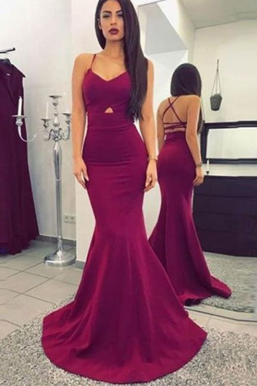 Amaranth Red Spaghetti Straps Mermaid Sweep Train Prom Dress with Criss Cross Back - Prom Dresses