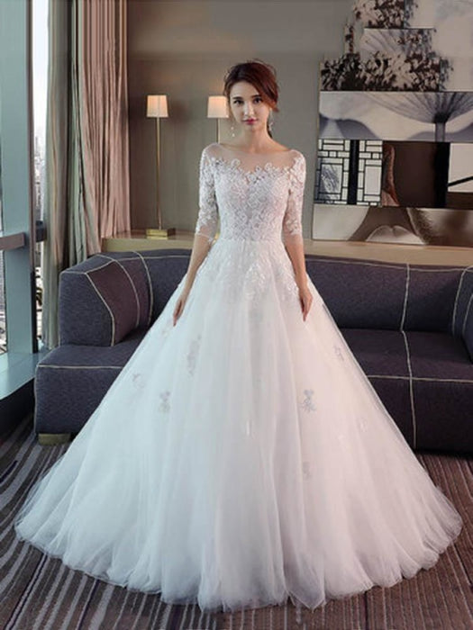 Amazing 3/4 Sleeves Lace Tulle Floor Length Wedding Dresses - wedding dresses