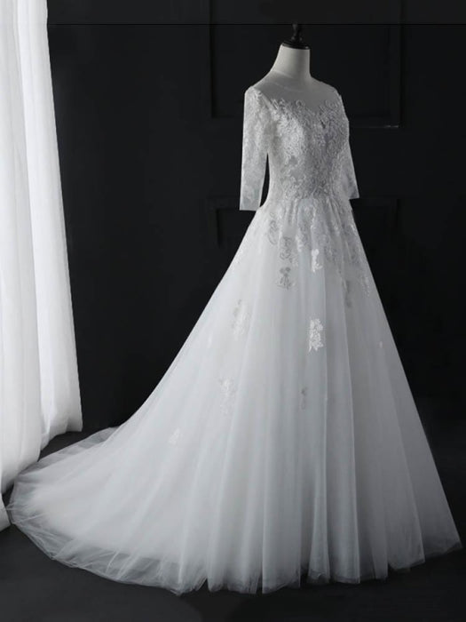 Amazing 3/4 Sleeves Lace Tulle Floor Length Wedding Dresses - Ivory / Floor Length - wedding dresses