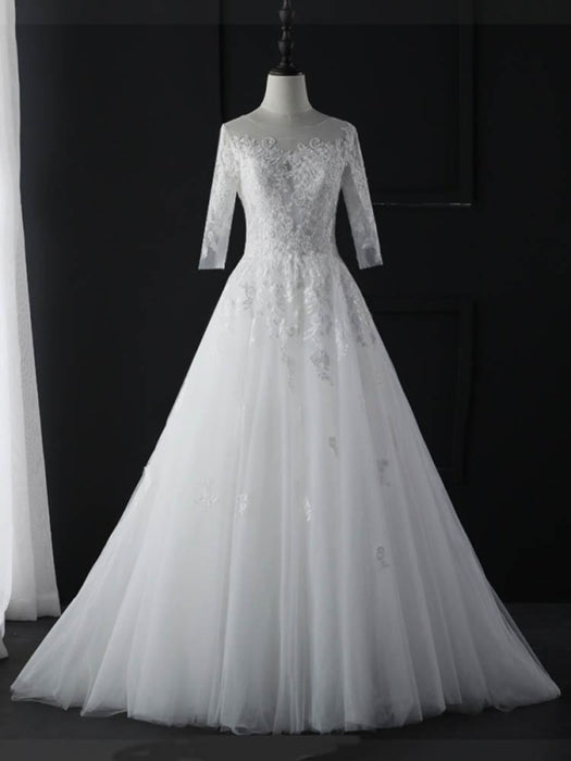 Amazing 3/4 Sleeves Lace Tulle Floor Length Wedding Dresses - White / Floor Length - wedding dresses
