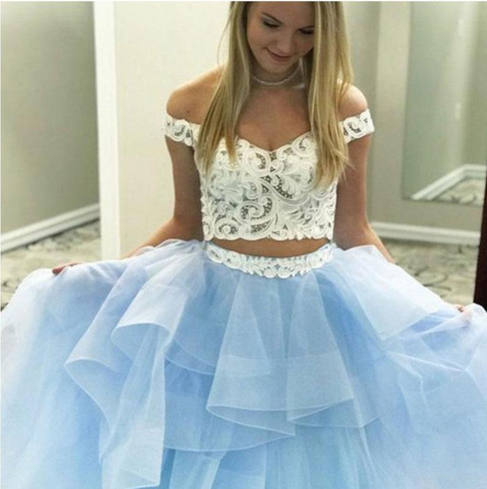 Amazing Elegant Two Piece Off-the-Shoulder Tiered Blue Tulle Long Prom Dress with Lace - Prom Dresses
