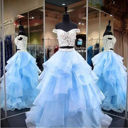 Amazing Elegant Two Piece Off-the-Shoulder Tiered Blue Tulle Long Prom Dress with Lace - Prom Dresses