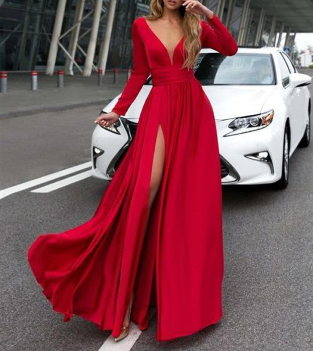 Amazing Excellent Excellent Sexy Green Deep V Neck Long Sleeves Floor-length Prom Dresses Leg Split Evening Gowns - Prom Dresses
