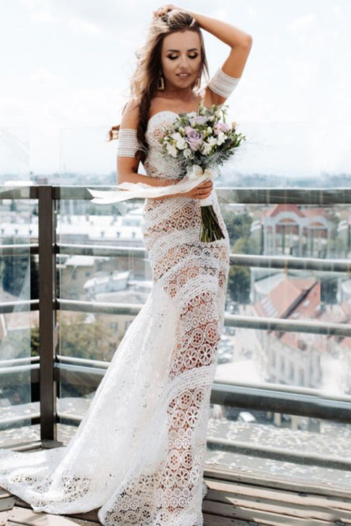 Sweetheart Neck Boho Lace Wedding Dress With Sleeves - Bridelily Sweetheart Neck Boho Lace Wedding Dress With Sleeves - Bridelily