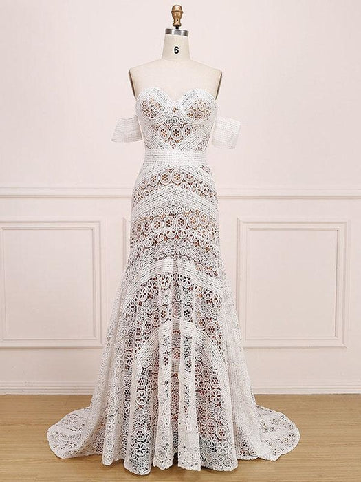 Amazing Sweetheart Neck Lace Beach Boho Wedding Dress - Chamapgne - Wedding Dresses