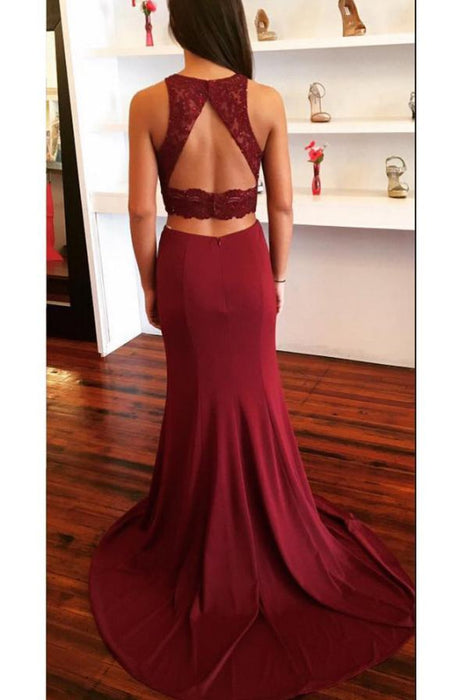 Amazing Wonderful Burgundy Two Piece Open Back Prom with Lace Sweep Train Evening Dress - Prom Dresses