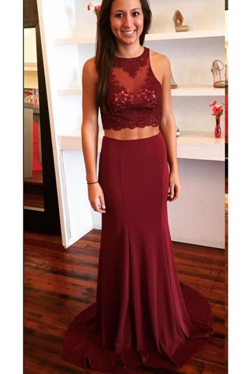 Amazing Wonderful Burgundy Two Piece Open Back Prom with Lace Sweep Train Evening Dress - Prom Dresses