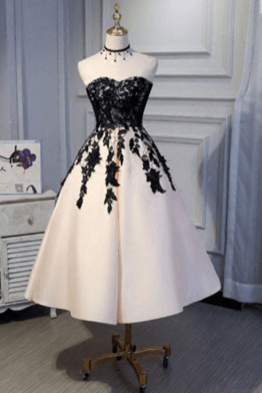 Ankle Length Strapless Prom with Black Lace A Line Princess Homecoming Dress - Prom Dresses