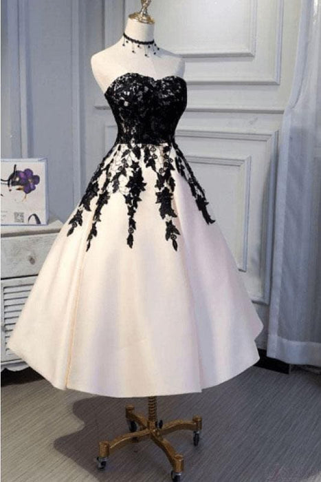 Ankle Length Strapless Prom with Black Lace A Line Princess Homecoming Dress - Prom Dresses