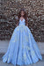 Applique Brush Train Blue Ball Gown Prom Dresses - Prom Dresses