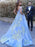 Applique Brush Train Blue Ball Gown Prom Dresses - Prom Dresses