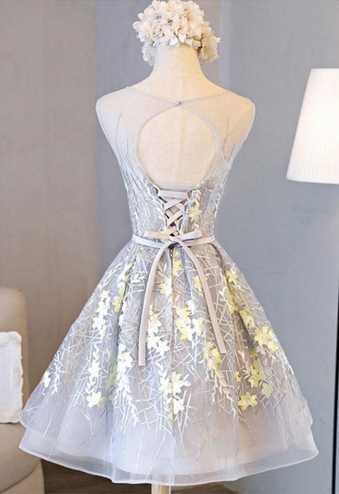 Appliqued A line Tulle Lace Short Prom dress Sleeveless Homecoming Dresses with Belt - Prom Dresses