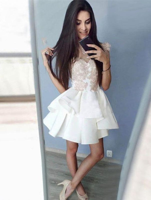 Appliqued Mini Crew Neck Cap Sleeves Homecoming Dress Short Cheap Prom Gown - Prom Dresses