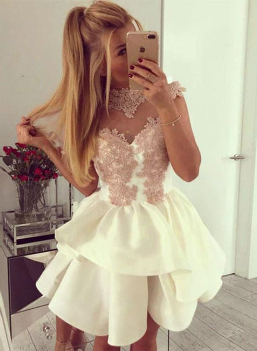 Appliqued Mini Crew Neck Cap Sleeves Homecoming Dress Short Cheap Prom Gown - Prom Dresses