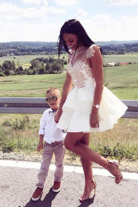 Appliqued Mini Crew Neck Cap Sleeves Homecoming Dress Short Cheap Prom Gown - Prom Dresses