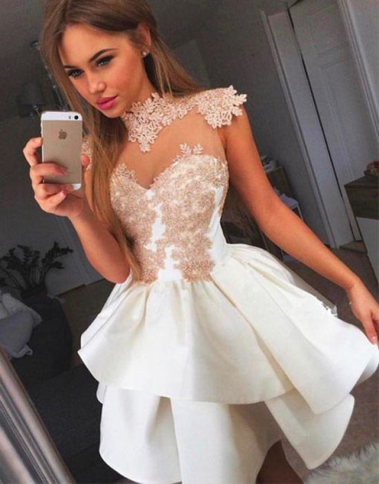 Appliqued Mini Crew Neck Cap Sleeves Homecoming Dress Short Cheap Prom Gown - Prom Dresses