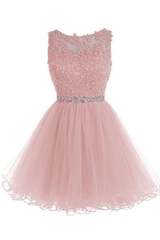 Appliqued Sleeveless Dress with Beads Tulle Homecoming Short Prom Gown - Prom Dresses