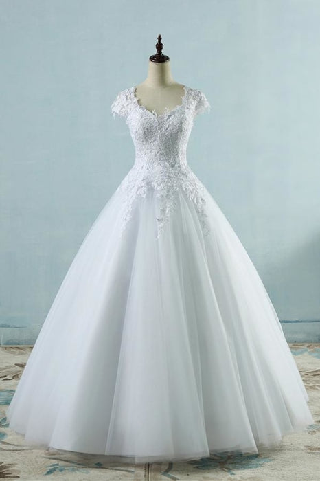 Appliques Cap Sleeve Tulle A-line Wedding Dress - Wedding Dresses