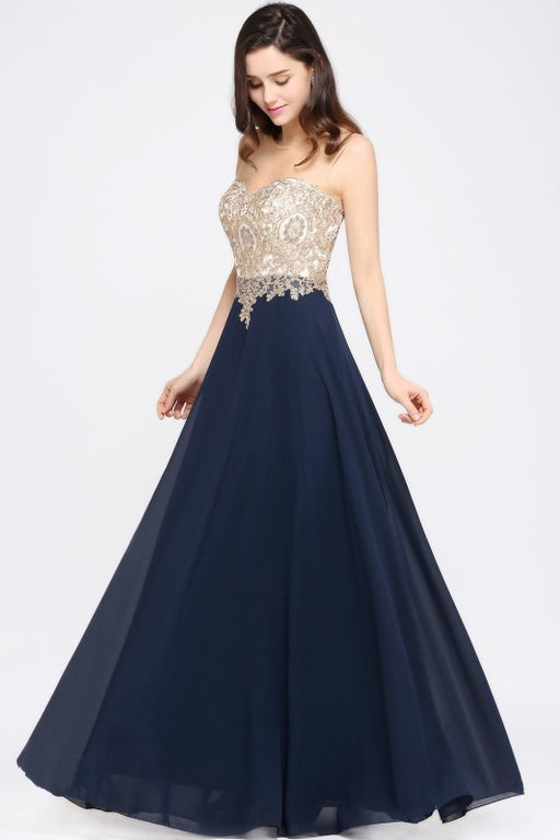 Appliques Cheap Long Prom Dresses Dusty Rose Evening Party Gown - Dark Navy / US 2 - Prom Dress