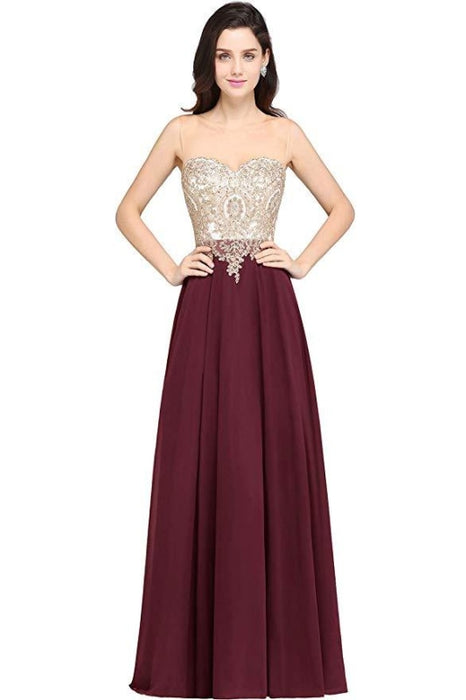 Appliques Cheap Long Prom Dresses Dusty Rose Evening Party Gown - Burgundy / US 2 - Prom Dress