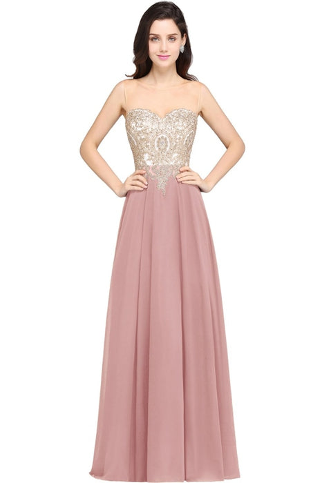 Appliques Cheap Long Prom Dresses Dusty Rose Evening Party Gown - Dusty Rose / US 2 - Prom Dress